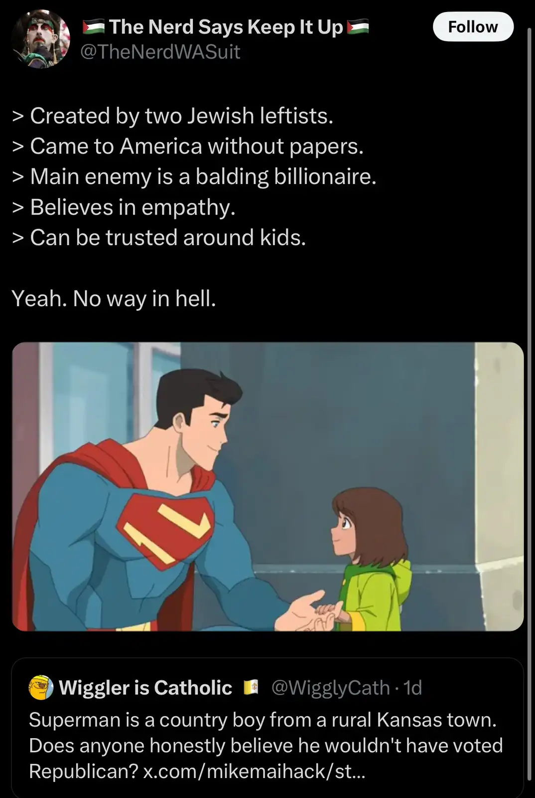 An image of Superman holding hands with a young girl, overlaid with text listing attributes like being created by Jewish…