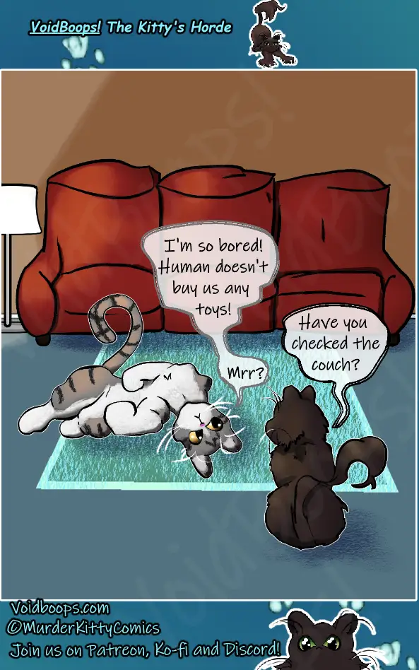 Two cartoon cats are in a living room. A white tabby cat lying on a rug complains, 'I'm so bored! Human doesn't buy us any…
