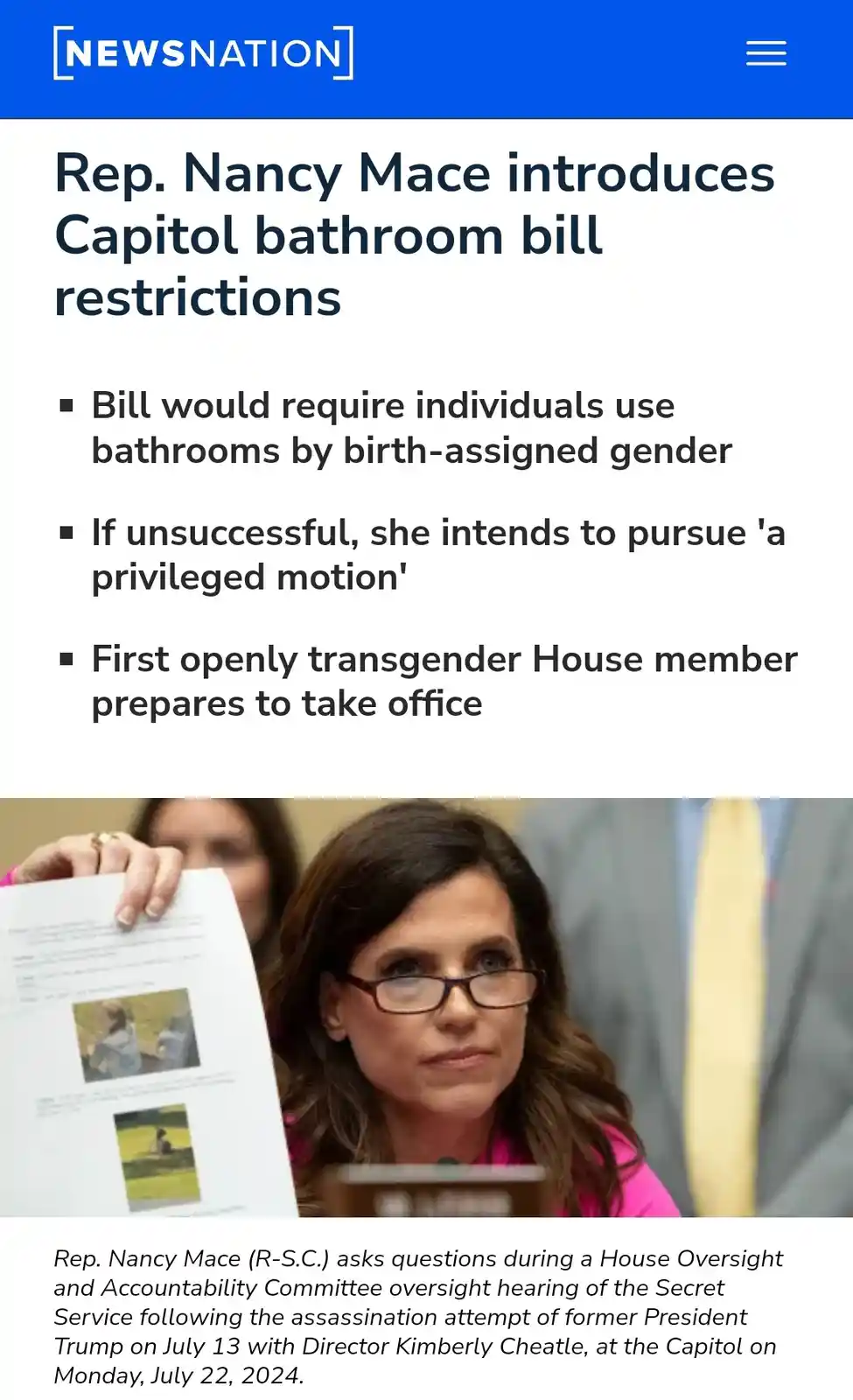 A screenshot of a NewsNation news article about Rep. Nancy Mace introducing a bill restricting Capitol bathrooms to…