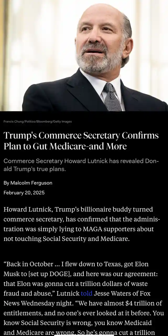 A photo of Howard Lutnick, wearing a suit and tie, is overlaid with a fake news article claiming he confirmed Trump's plan…