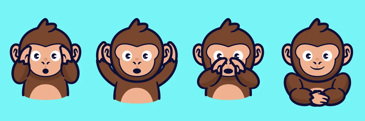 Four cartoon monkeys are shown in a row against a light blue background, each in a different pose: first covering ears, then…
