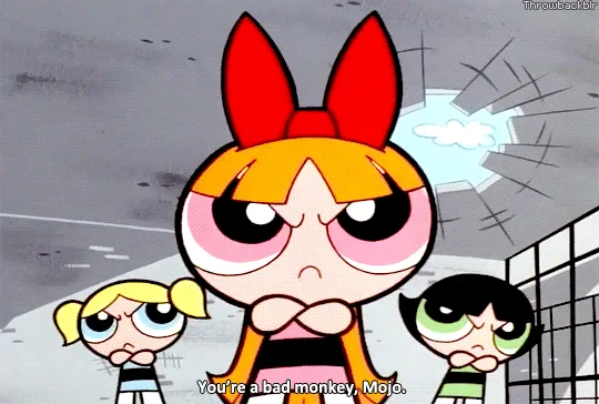 A six-panel comic strip from The Powerpuff Girls shows Blossom, Bubbles, and Buttercup standing together, looking sternly at…