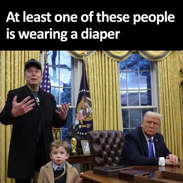 An edited image shows Elon Musk standing and gesturing, a young boy in a suit standing in front of him, and Donald Trump…