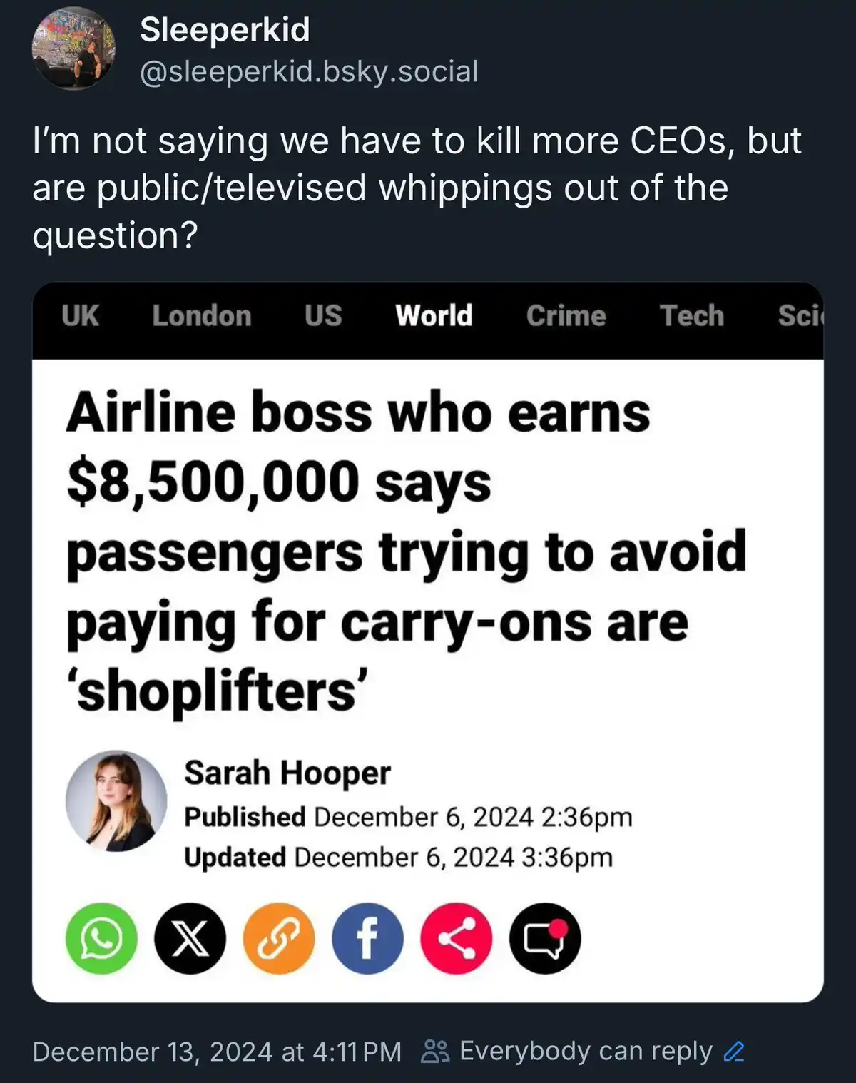 A screenshot of a social media post by 'Sleeperkid' featuring a news article headline that reads 'Airline boss who earns…