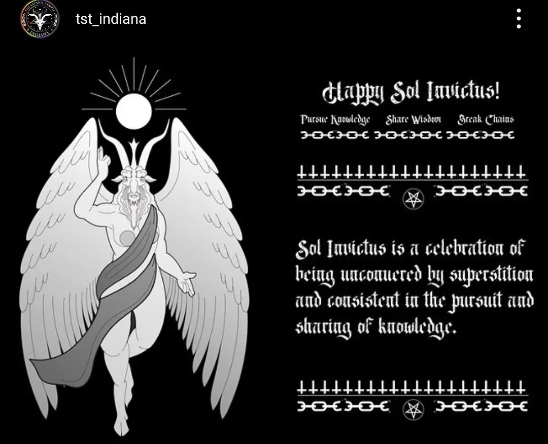 A black-and-white graphic features a winged, horned deity with a sun above its head, alongside text celebrating 'Sol…