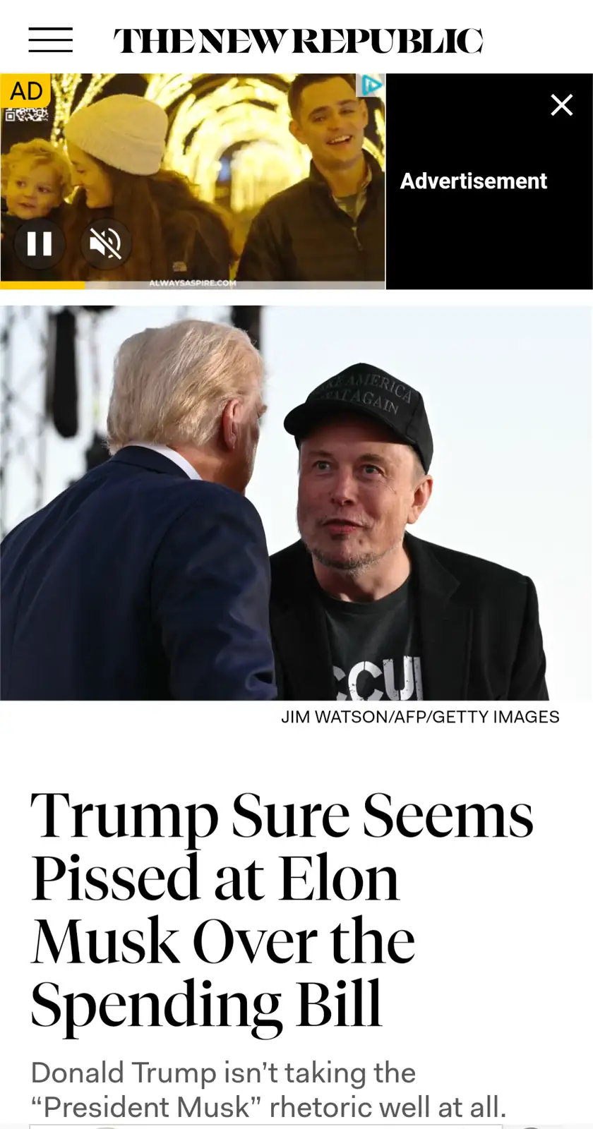 A screenshot of a news article from The New Republic shows Donald Trump and Elon Musk facing each other, with Musk wearing a…