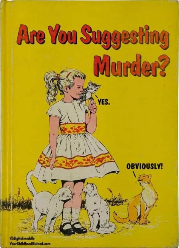 A vintage-style illustration shows a young girl holding a small kitten while three other cats (two white, one orange tabby)…