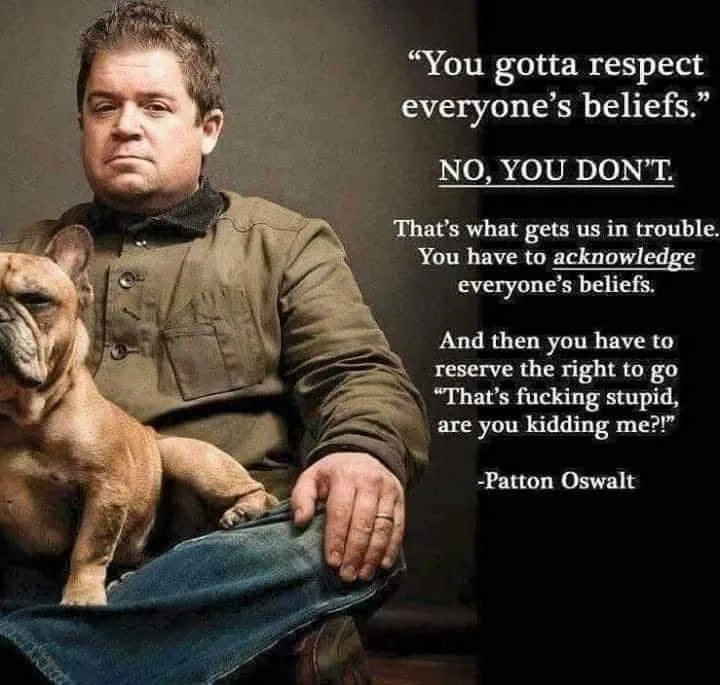 A man with a serious expression sits holding a small brown dog, with overlaid text quoting Patton Oswalt arguing that while…