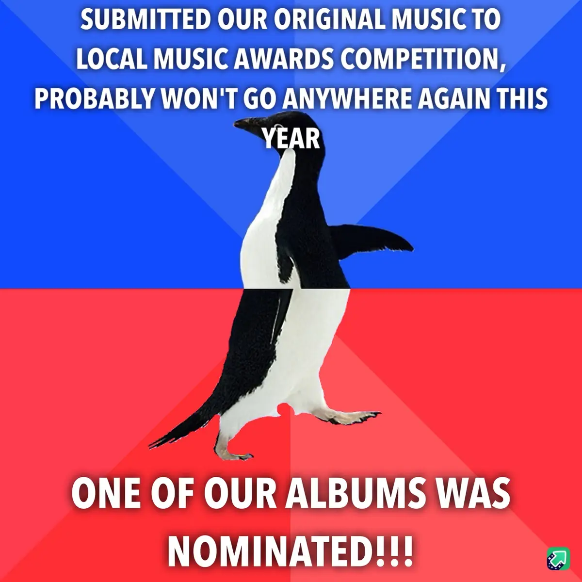 A penguin stands centered against a blue and red background, with white text overlaid in two sections. The top text reads…