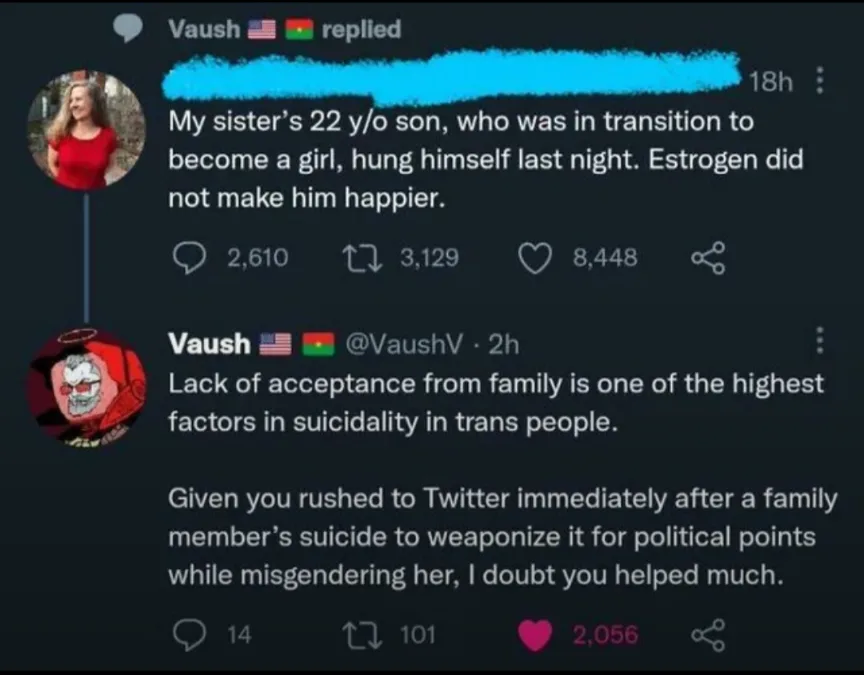 A screenshot of a Twitter thread shows a user named 'Vaush' replying to a post about a trans youth's suicide. The original…