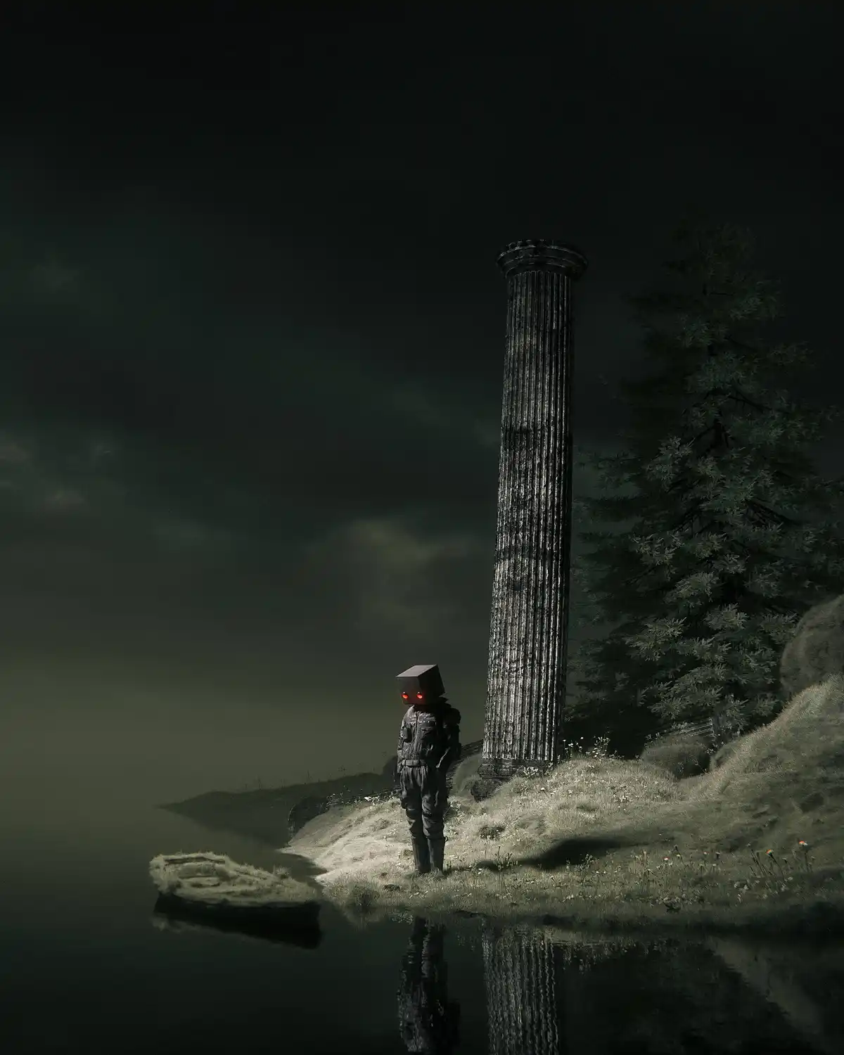 A figure with a box-like head featuring glowing red eyes stands alone in a dark, misty landscape beside a tall, ancient…