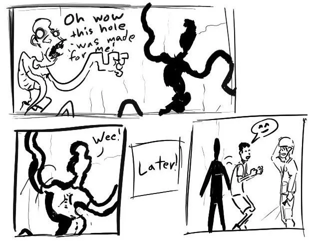 A four-panel comic strip in black and white shows a man with glasses and a mustache exclaiming 'Oh wow this hole was made…