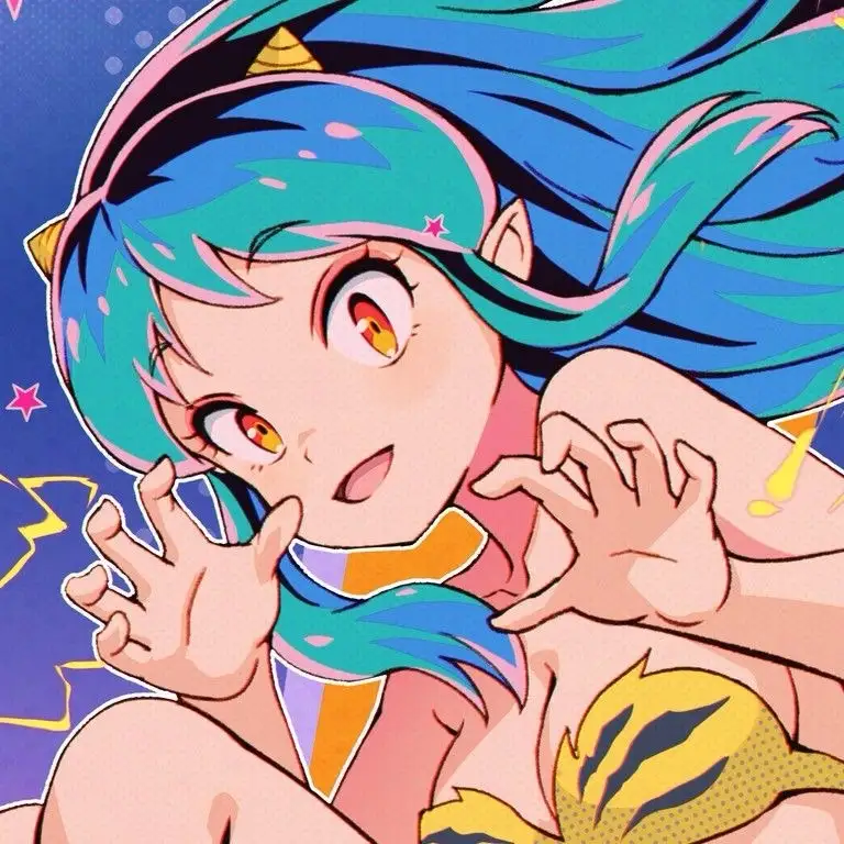 An anime-style girl with blue-green hair, pointed ears, and a small horn on her head looks surprised or shocked, with wide…