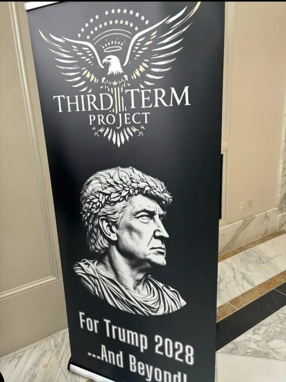A black banner displays a stylized eagle emblem above the text 'THIRD TERM PROJECT'. Below, a Roman-style bust of Donald…