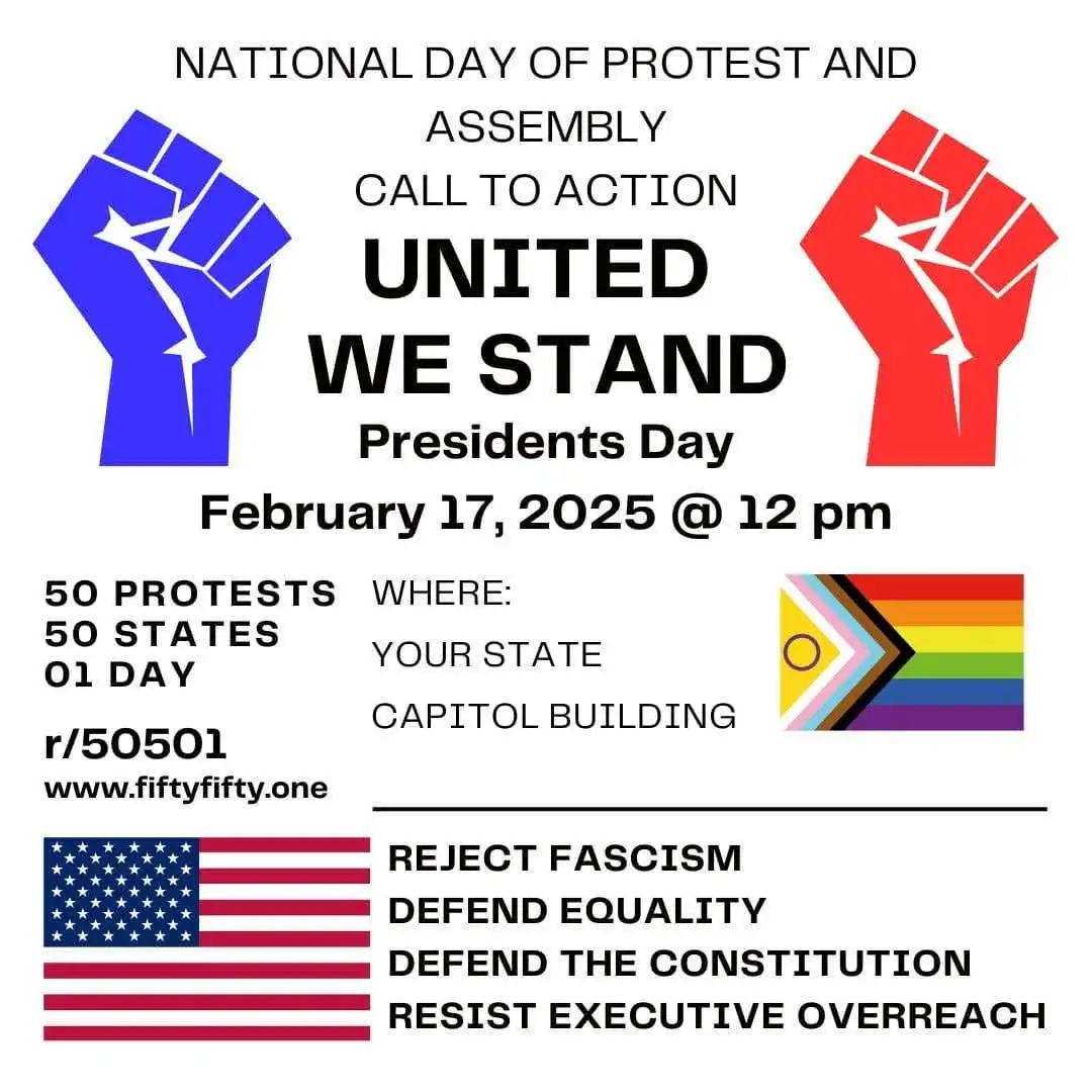 A protest flyer design with two raised fists, one blue and one red, flanking the text 'UNITED WE STAND'. It announces a…