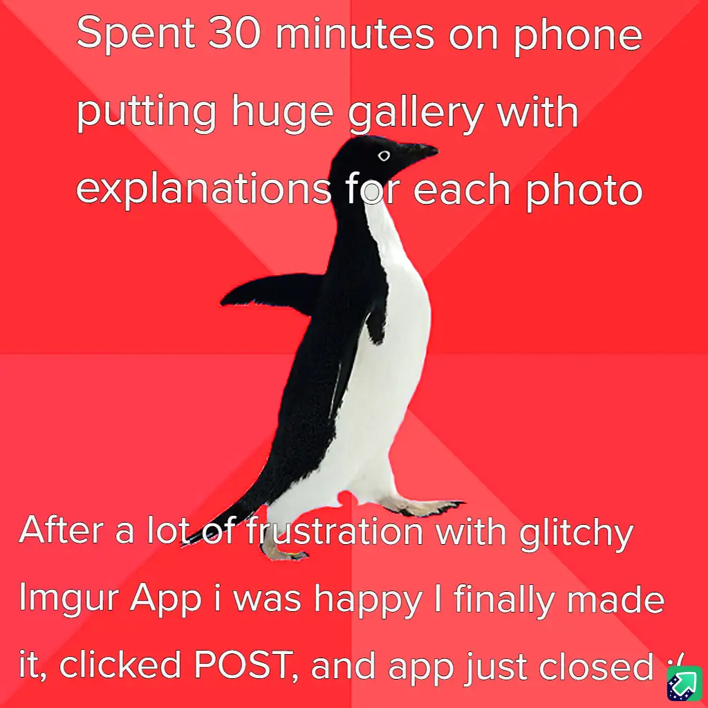 A black-and-white penguin stands against a red background with diagonal stripes. White text is overlaid in two sections: the…