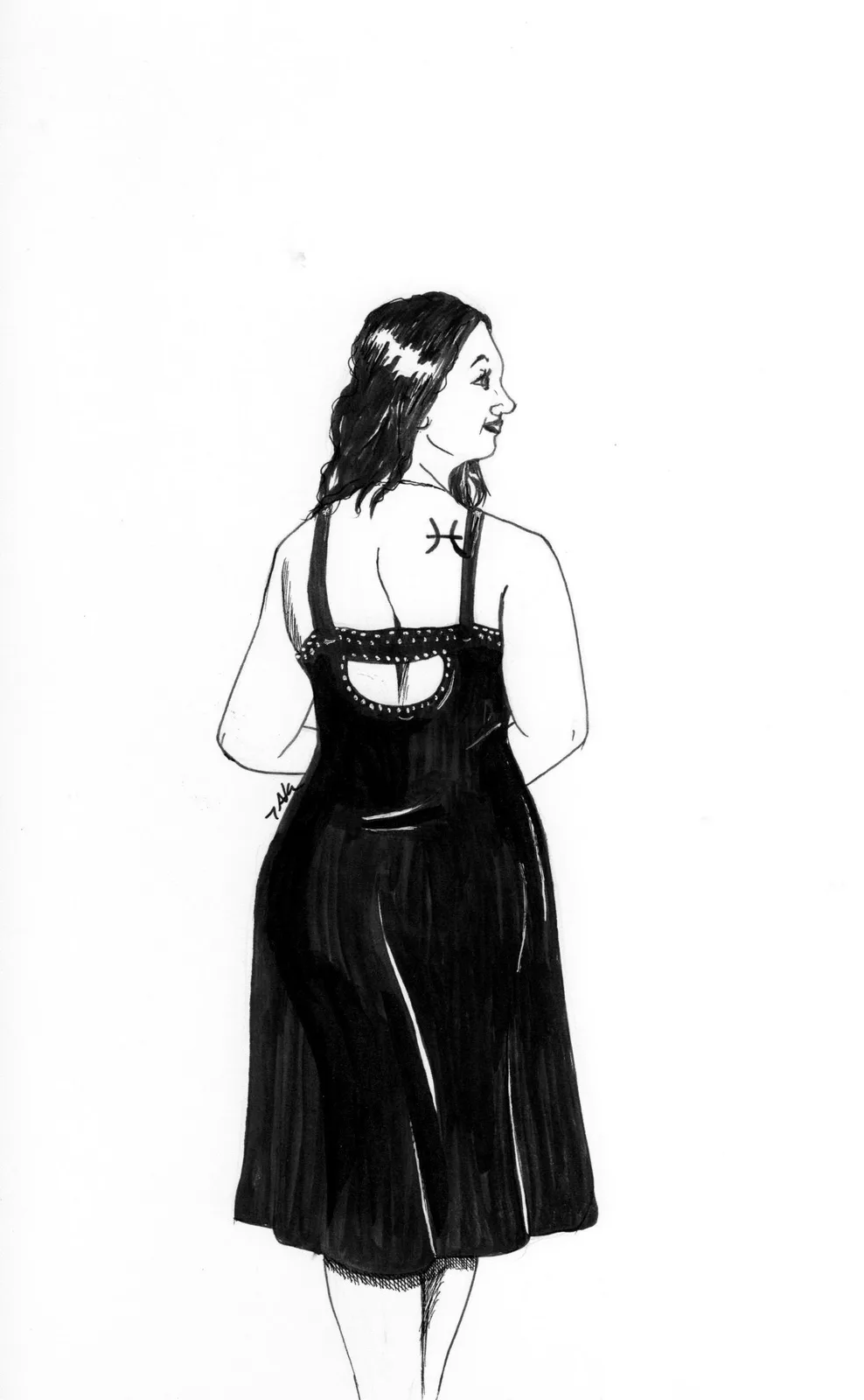 A black-and-white sketch shows a woman from behind, wearing a black dress with a studded back and a cutout. She has long…