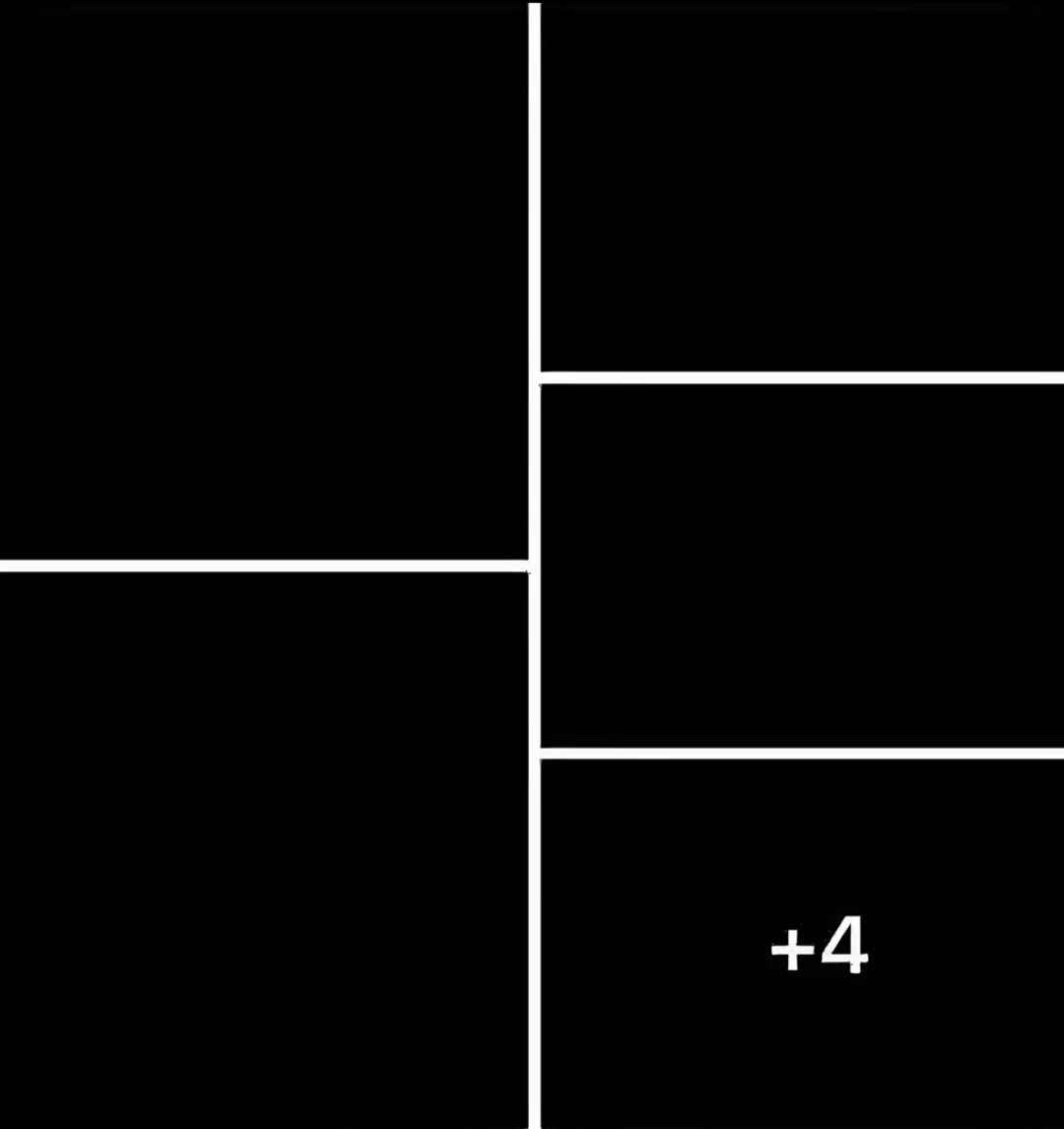 The image displays a black background divided into four equal rectangular sections by white lines, with the text '+4'…