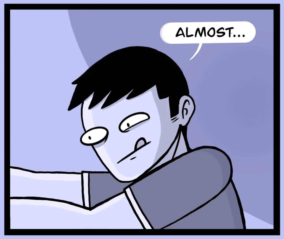 A cartoon man with black hair and a gray shirt lies in bed, looking exhausted and defeated with half-lidded eyes and a…