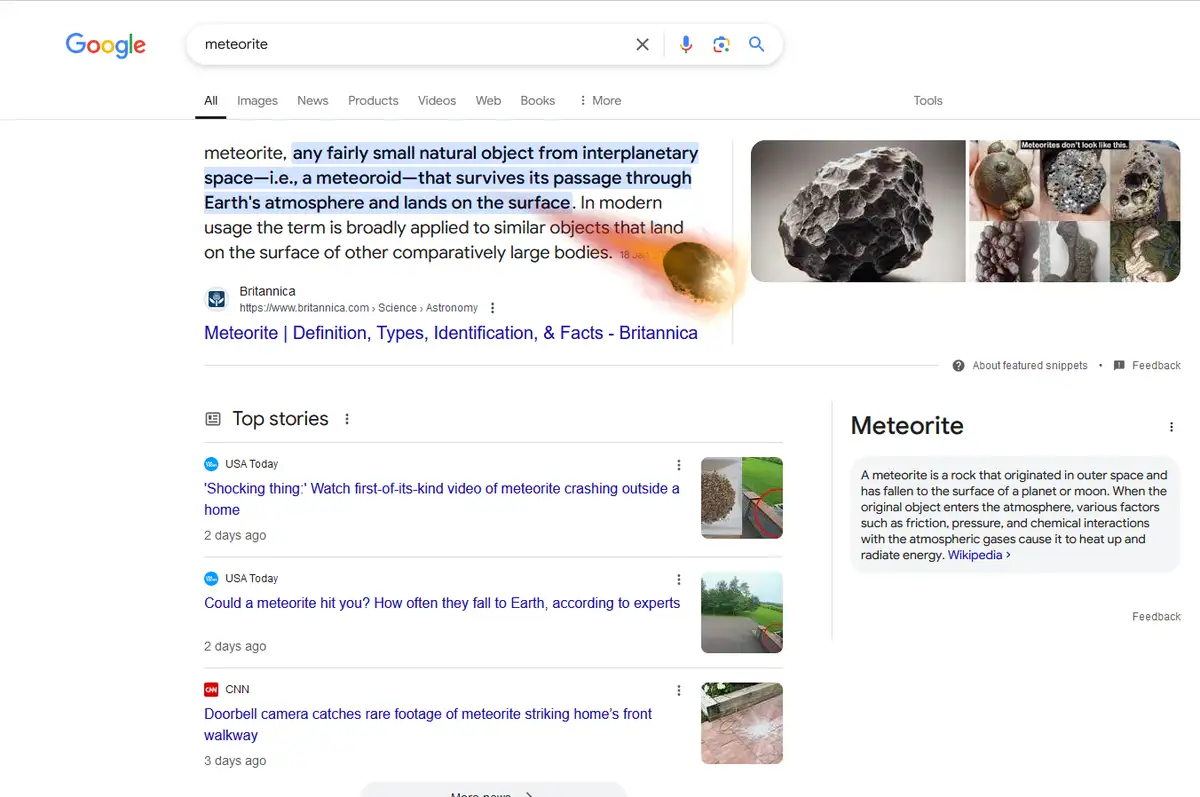 A Google Images search for 'meteorite' shows a Britannica definition and news snippets about meteorite impacts. The image…