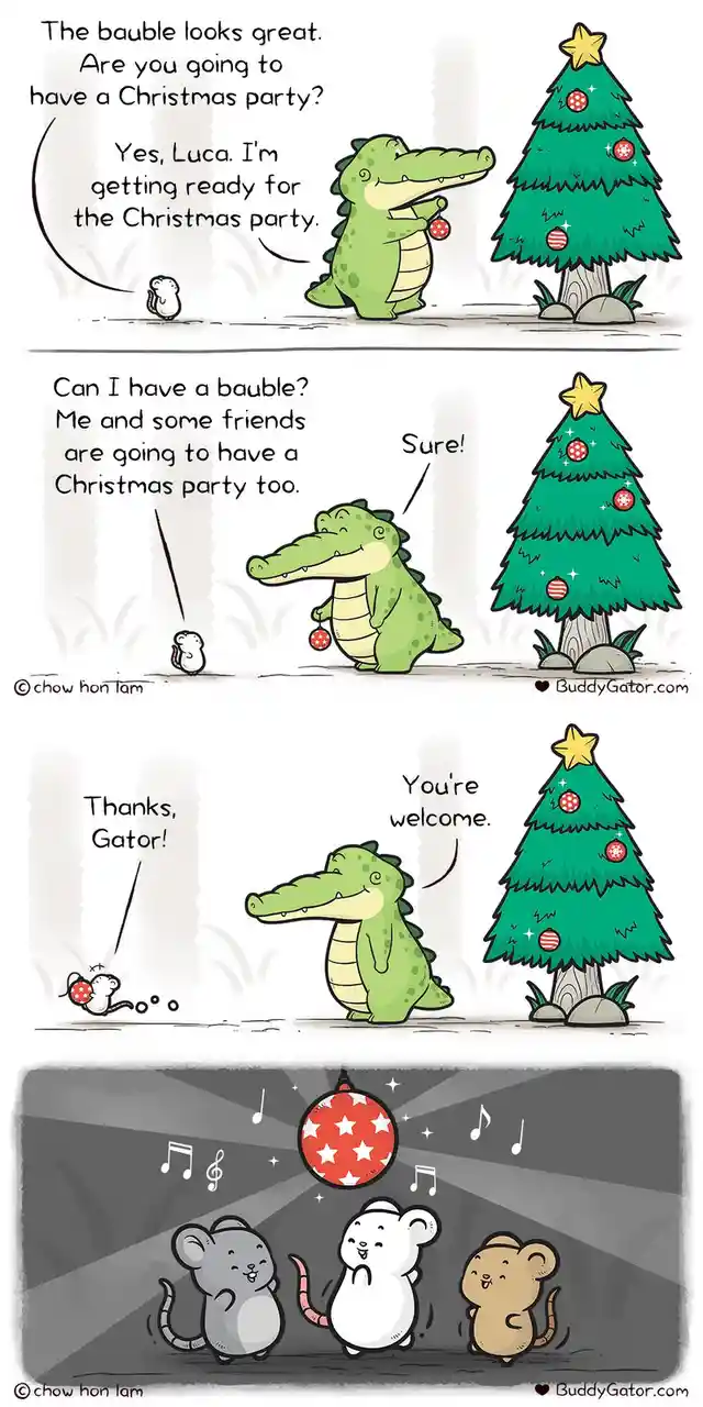 A three-panel comic shows a small mouse asking a green alligator named Luca for a Christmas bauble to decorate his own…