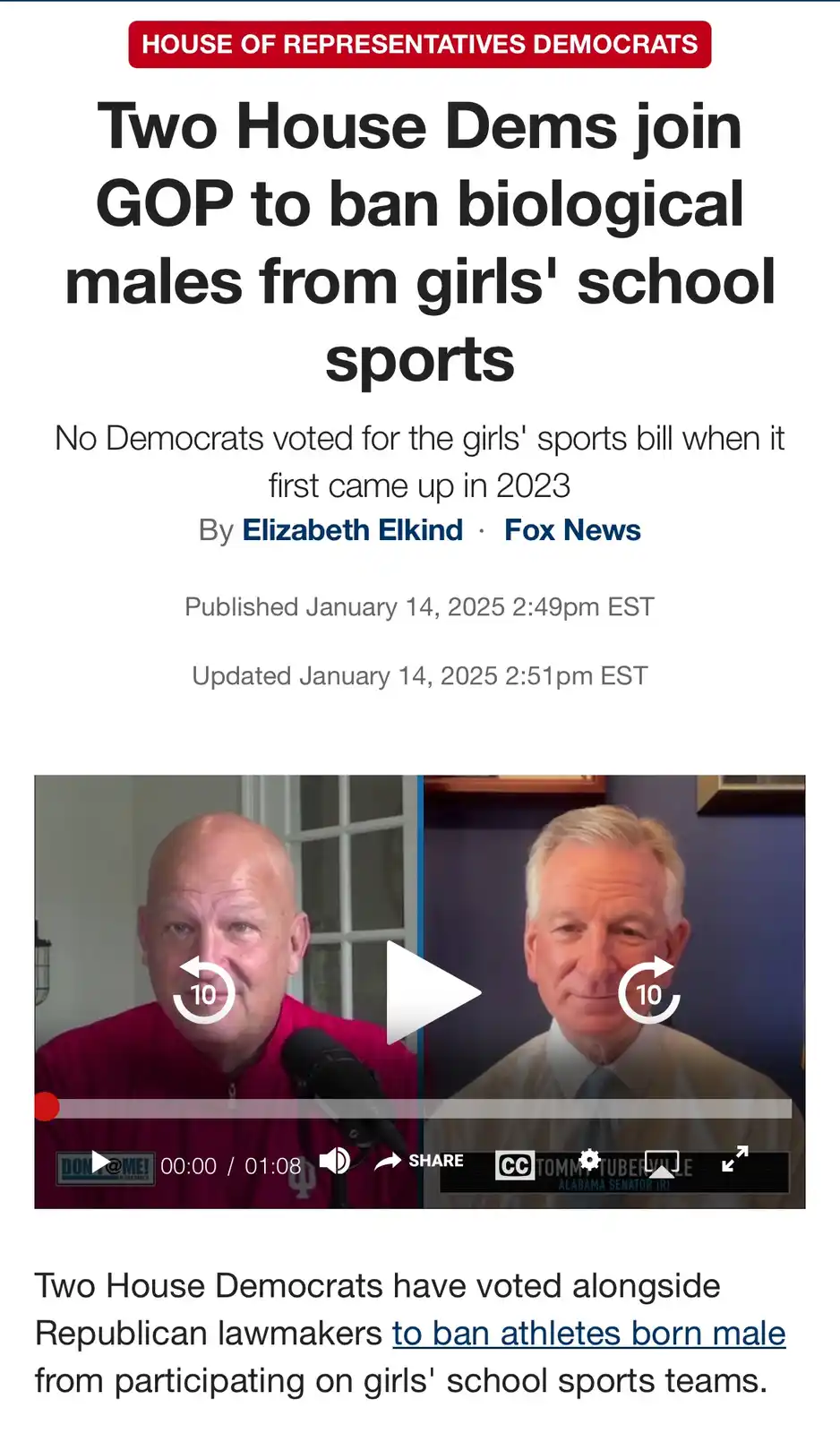 A screenshot of a Fox News article with a video player showing two men, one in a red shirt and one in a suit, with rewind…