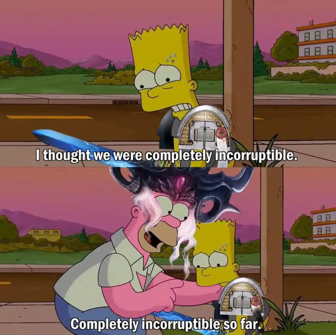 The image is a two-panel meme featuring Bart Simpson holding a glowing sword and a gravestone. In the top panel, Bart says…