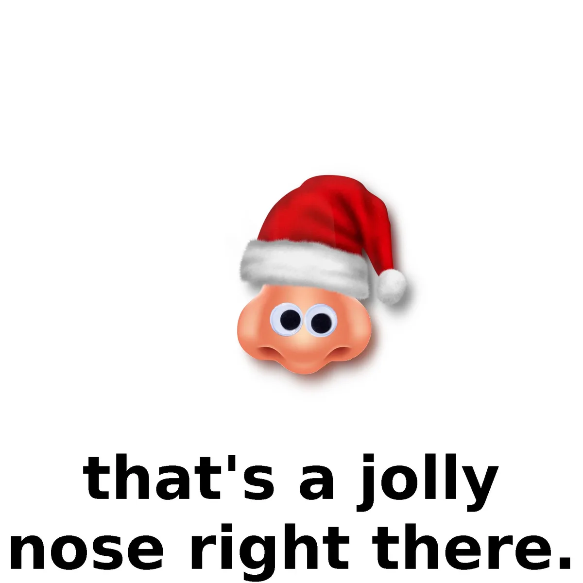 A cartoonish human nose with googly eyes and a red Santa hat is centered against a white background. Below it, bold black…