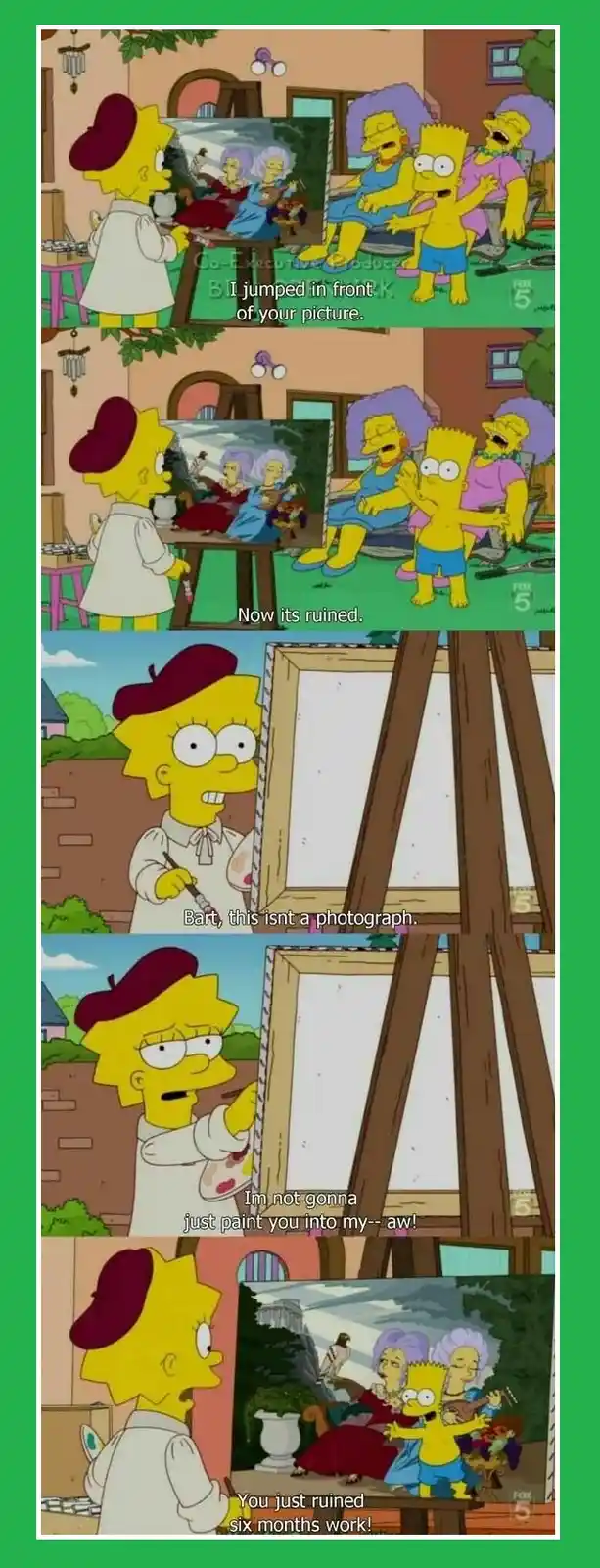 A four-panel Simpsons comic strip shows Lisa Simpson, wearing a beret and artist's smock, painting a classical-style…
