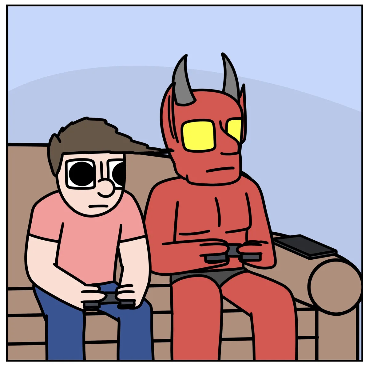 Two cartoon figures sit on a couch, both holding game controllers. The figure on the left is a human with large black eyes…