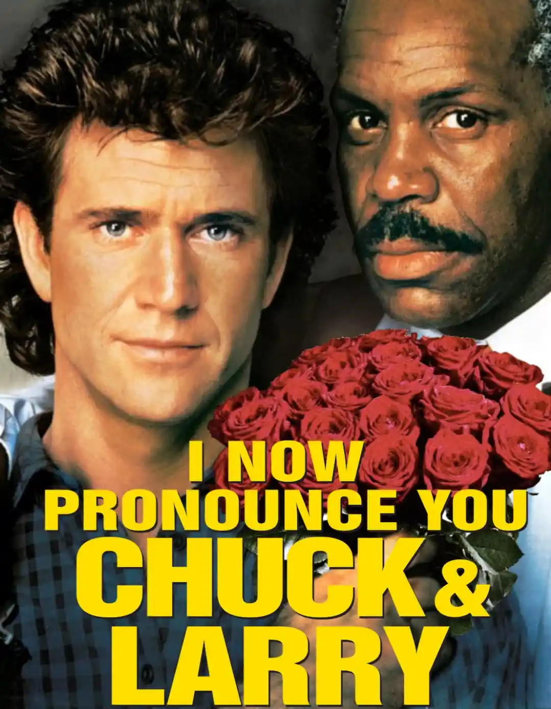 The image is a movie poster featuring two men, one with curly brown hair and blue eyes, the other with a mustache and a…