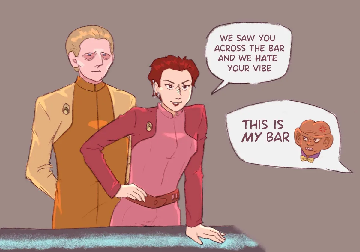 Two characters in Star Trek-style uniforms stand behind a bar counter. The woman in pink says, 'We saw you across the bar…