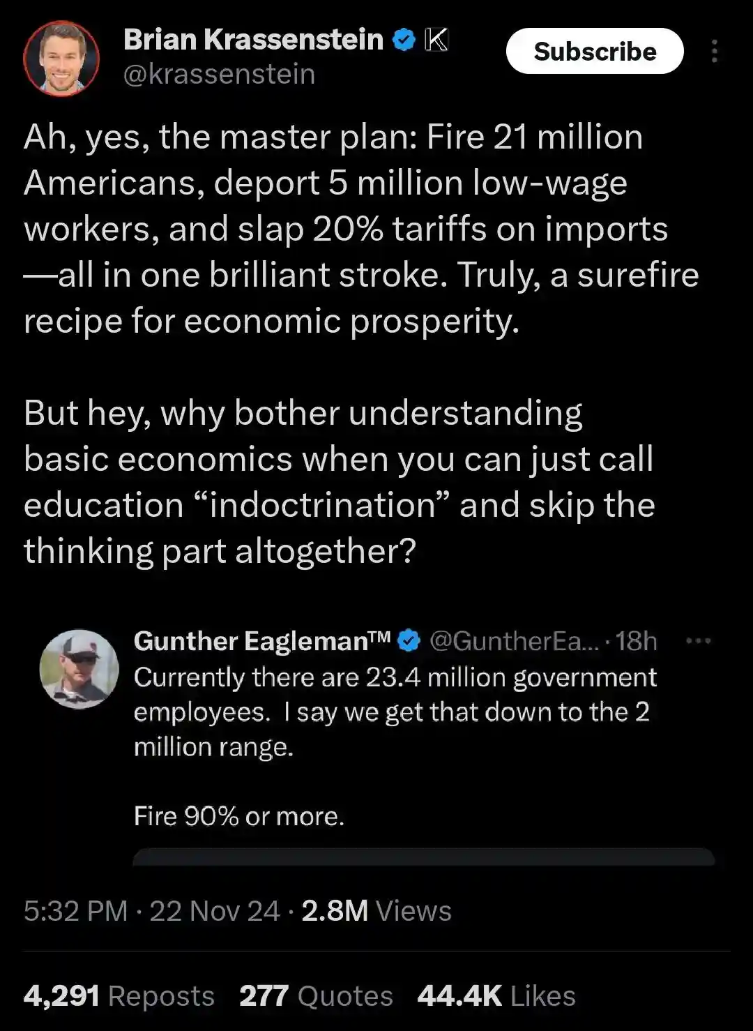 A screenshot of a Twitter/X thread by Brian Krassenstein sarcastically mocking a 'master plan' involving mass layoffs and…