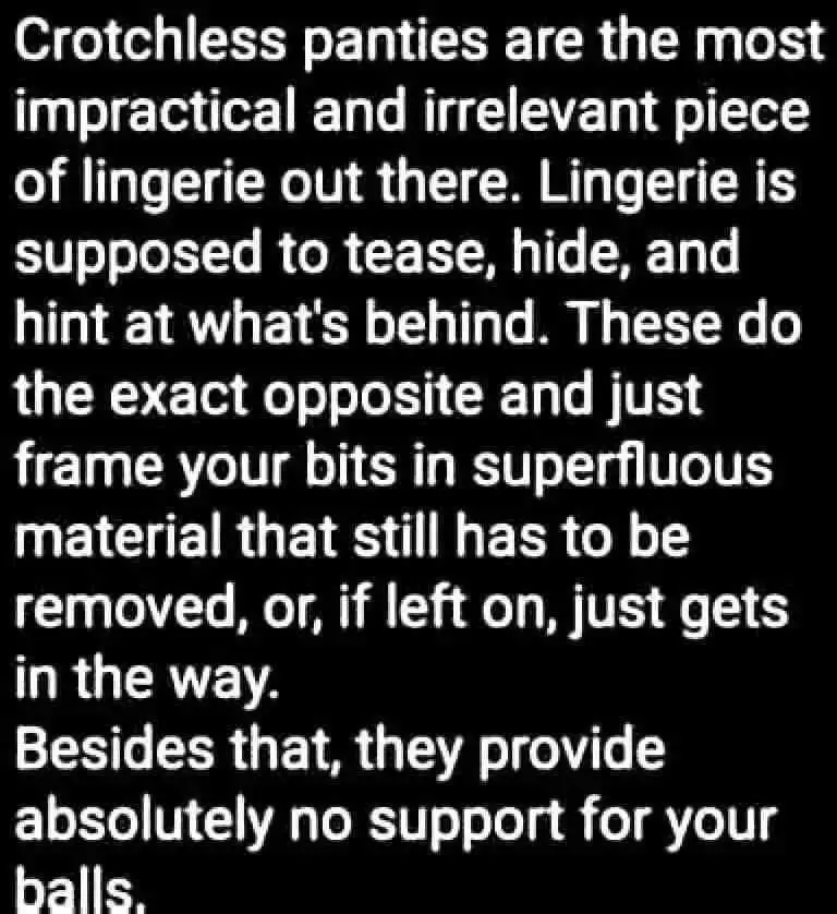 The image is a black background with white text that critiques crotchless panties, arguing they are impractical, irrelevant…