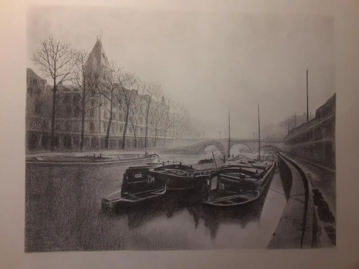 A black-and-white pencil sketch depicts a calm canal scene with boats moored along the water, bare trees lining the banks…