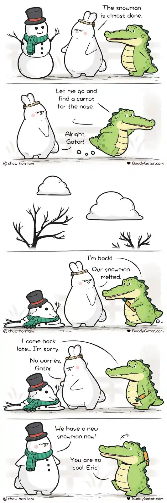 A four-panel comic strip shows a green alligator and a white rabbit building a snowman. The rabbit sends the alligator to…
