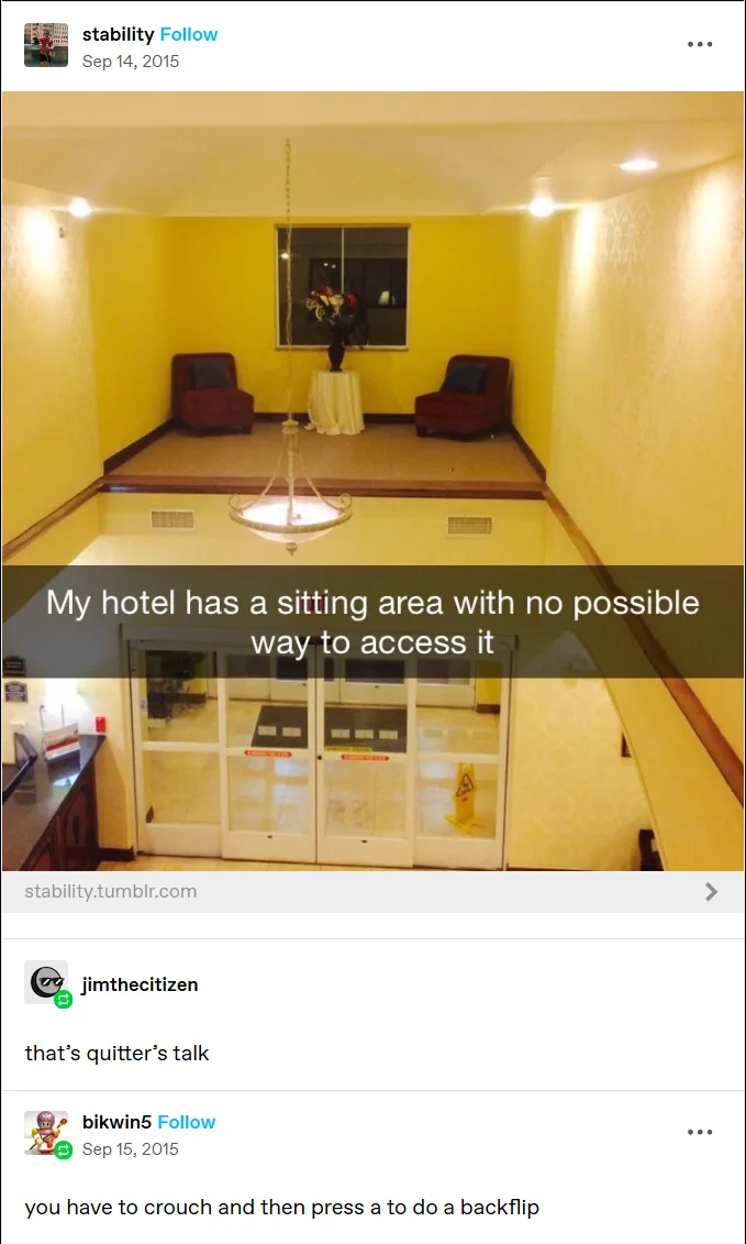 An overhead photo shows a hotel lobby with a raised platform containing two red armchairs and a small table, separated from…