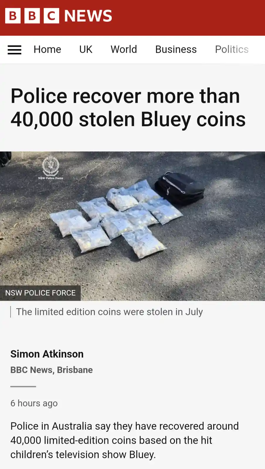A BBC News article screenshot shows police recovering over 40,000 stolen Bluey coins, displayed in clear plastic bags on…