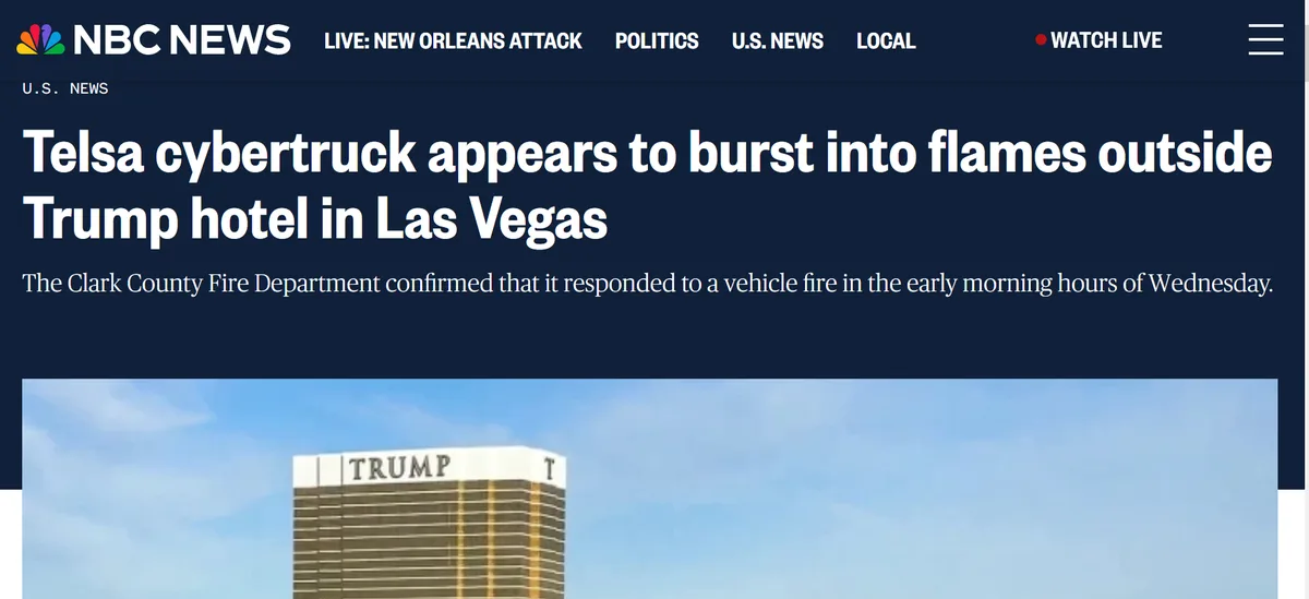 An NBC News webpage screenshot shows a headline about a Tesla Cybertruck appearing to burst into flames outside a Trump…