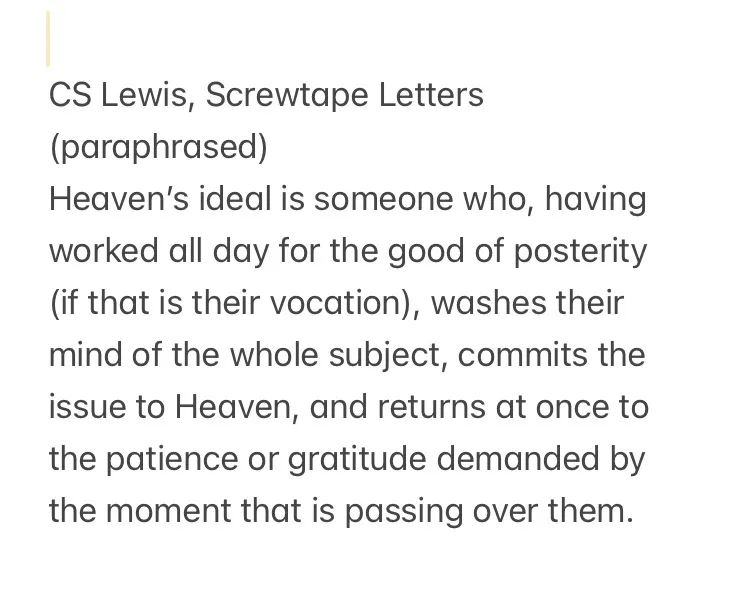 The image displays a plain white background with black text quoting C.S. Lewis from 'Screwtape Letters,' paraphrased to…