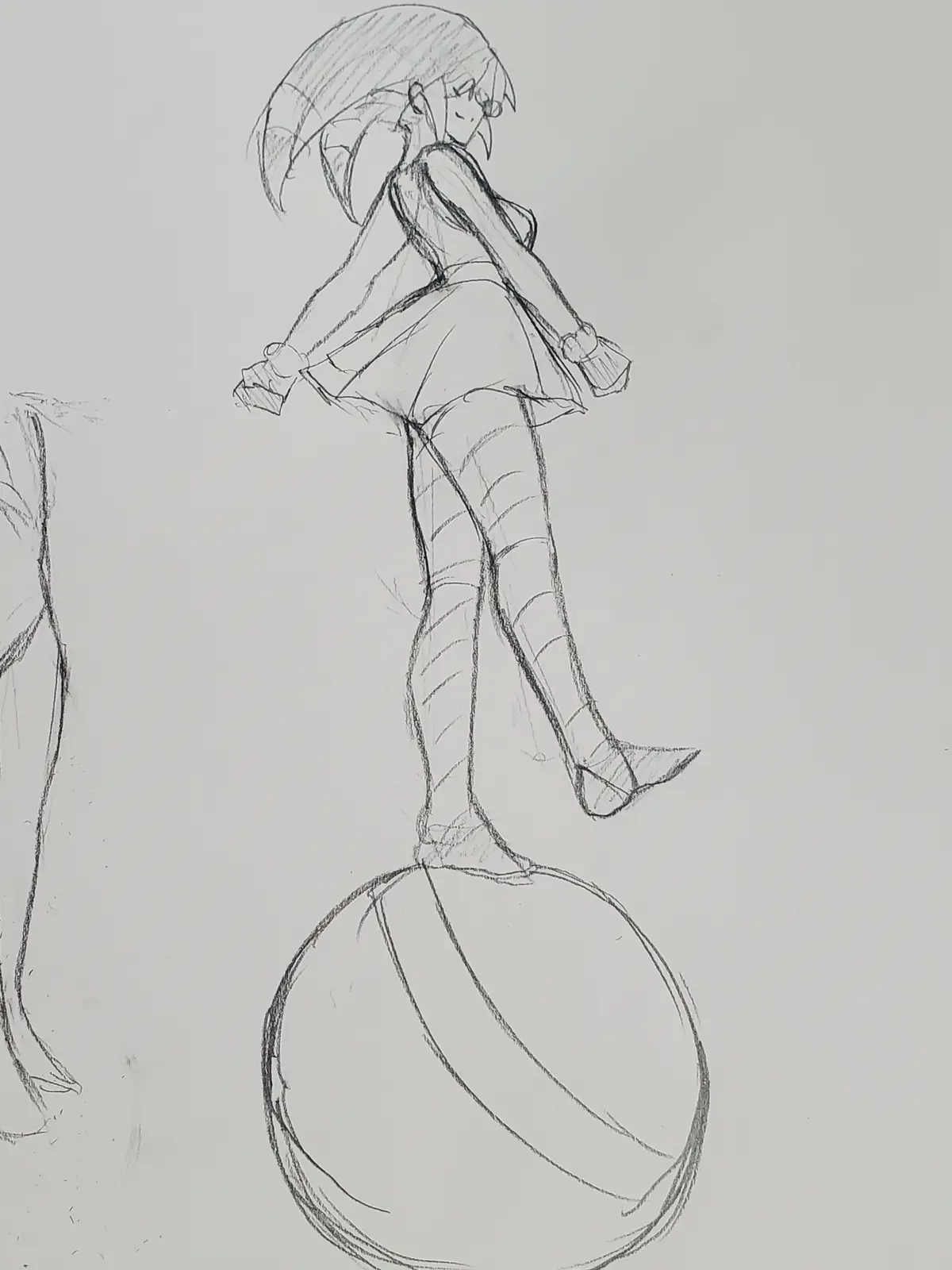 A pencil sketch of an anime-style girl with short hair and glasses, standing on a basketball with her arms outstretched. The…