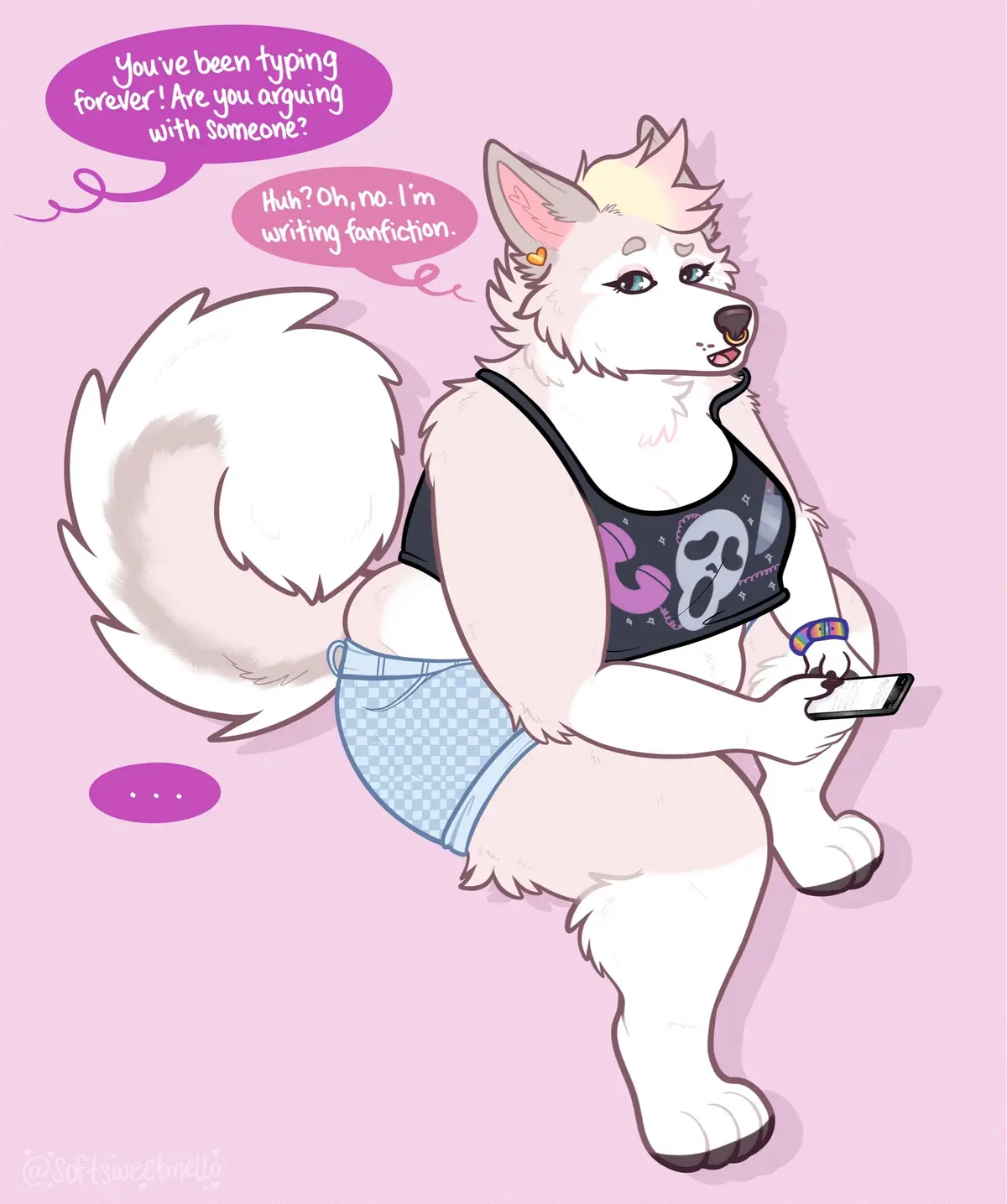 A white anthropomorphic husky with a fluffy tail, wearing a black tank top with a skull design and blue checkered underwear…
