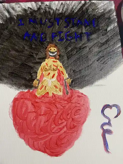 A hand-painted artwork depicts a stylized figure with brown hair and a black mask, wearing a yellow dress with red spots and…