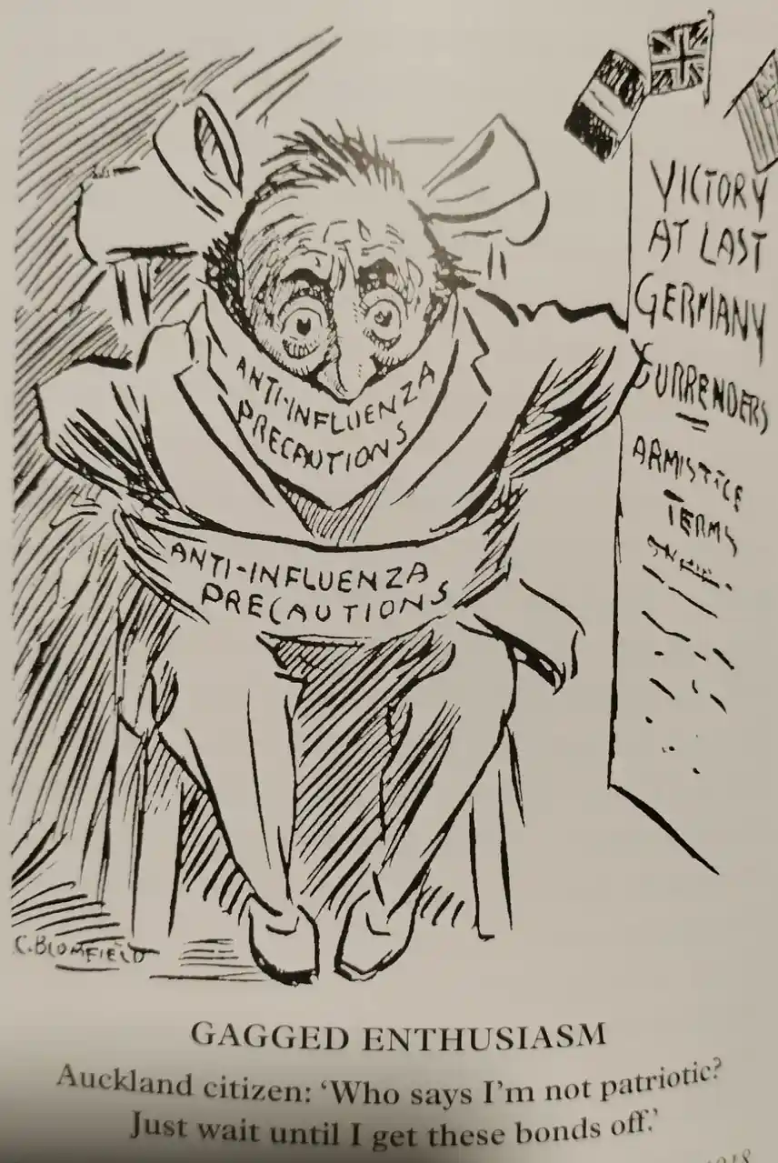 A black-and-white political cartoon from 1918 shows a man with a terrified expression, wearing a large bow tie and a sash…