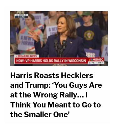 A screenshot from an MSNBC broadcast shows Kamala Harris speaking at a rally in Wisconsin, with a red 'BREAKING NEWS' banner…