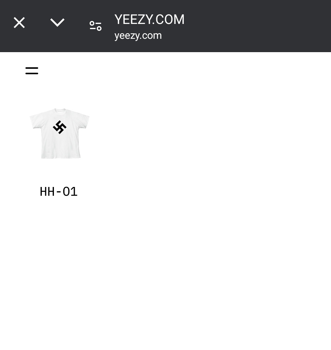 A screenshot of a Yeezy.com product page displays a white t-shirt with a black swastika printed on the front, labeled…