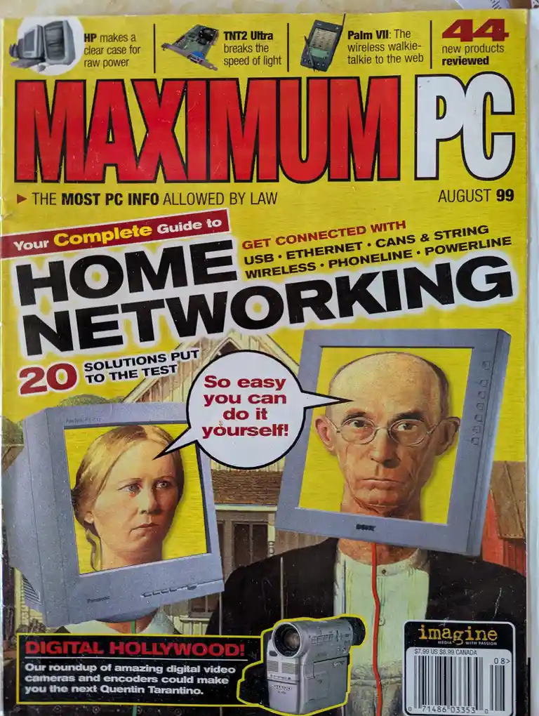The cover of Maximum PC magazine from August 1999 features two vintage CRT monitors displaying the faces of a stern-looking…