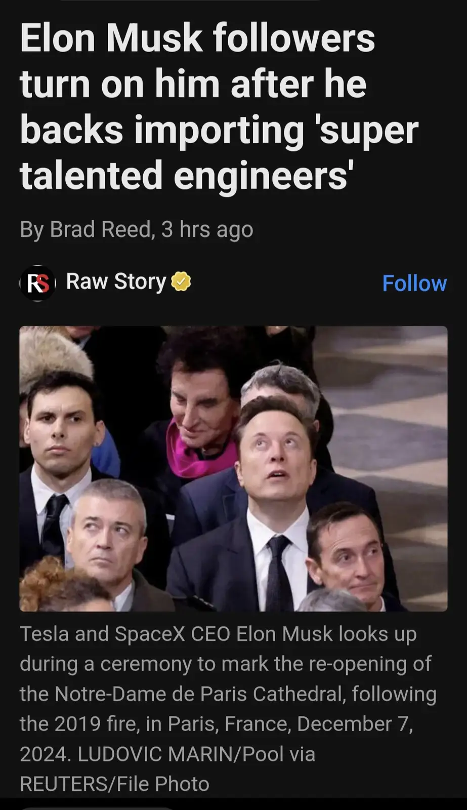 The image shows a screenshot of a news article from Raw Story with a headline about Elon Musk's followers turning on him…