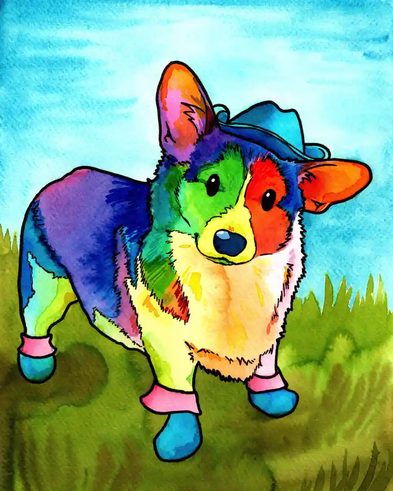 A watercolor-style illustration of a corgi standing in grass under a blue sky, its entire body painted in vibrant, patchwork…