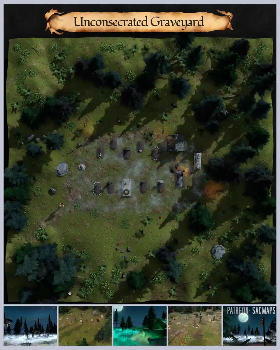 An overhead view of a graveyard map titled 'Unconsecrated Graveyard' with scattered tombstones, graves, and trees. The image…